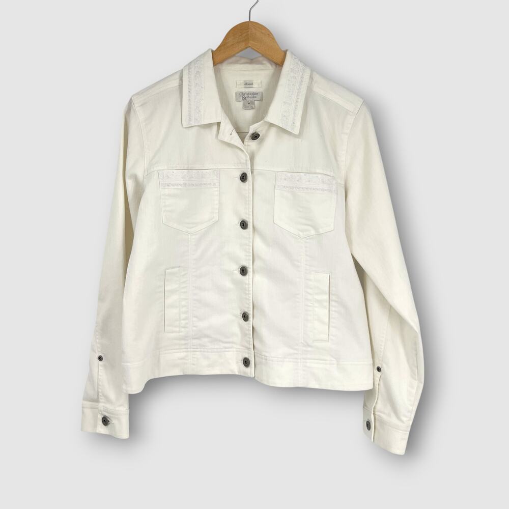 Vintage White Stretch Utility Jacket Button Front Embroidered Collar Medium